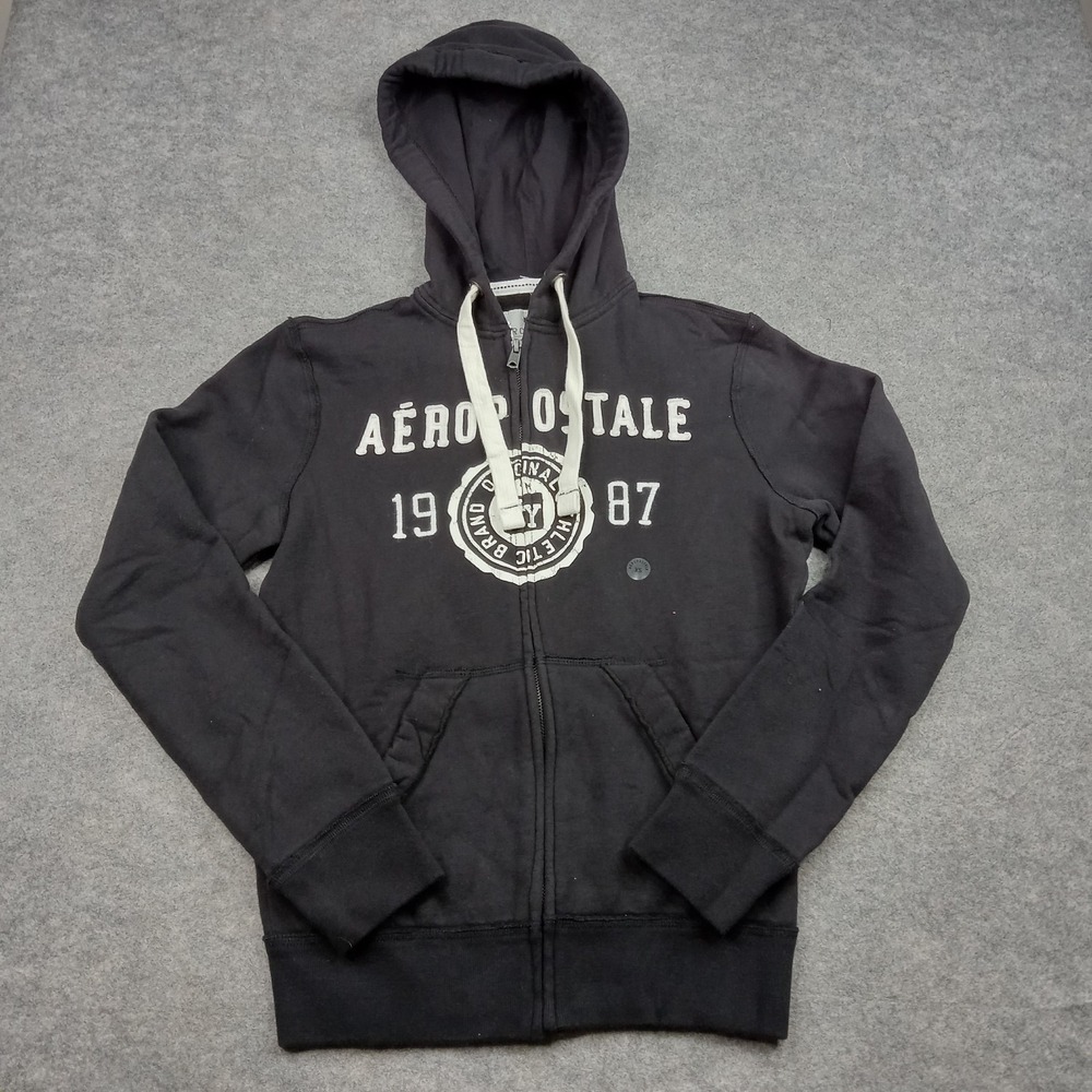 Aeropostale Hoodie Mens XS Black Full Zip‎ 1987 Graphic Fleece Sweatshirt Crest